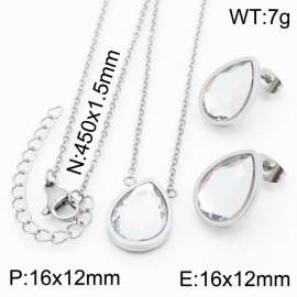 45cm Long Silver Color Stainless Steel Jewelry Sets Water-drop Crystal Glass Pendant Link Chain Necklace Stud Earrings For Women