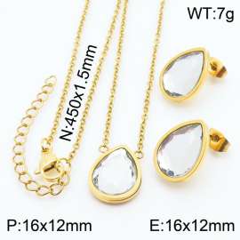 45cm Long Gold Color Stainless Steel Jewelry Sets Water-drop Crystal Glass Pendant Link Chain Necklace Stud Earrings For Women