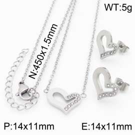 45cm Long Silver Color Stainless Steel Jewelry Sets Love Heart Rhinestone Pendant Link Chain Necklace Stud Earrings For Women