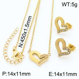 45cm Long Gold Color Stainless Steel Jewelry Sets Love Heart Rhinestone Pendant Link Chain Necklace Stud Earrings For Women