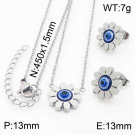 45cm Long Silver Color Stainless Steel Jewelry Sets Sun Flower Devil's Eye Pendant Link Chain Necklace Stud Earrings For Women