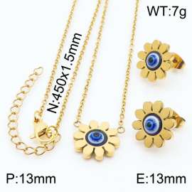 45cm Long Gold Color Stainless Steel Jewelry Sets Sun Flower Devil's Eye Pendant Link Chain Necklace Stud Earrings For Women