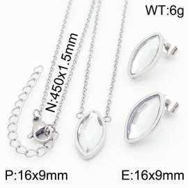 45cm Long Silver Color Stainless Steel Jewelry Sets Oval Crystal Glass Pendant Link Chain Necklace Stud Earrings For Women