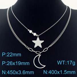 Silver Color Stainless Steel Star Moon Imitation Pearl Beads Pendant Double Layer Link Chain Necklace For Women