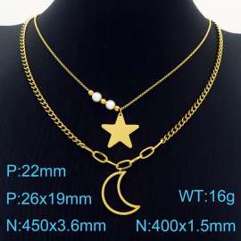 Gold Color Stainless Steel Star Moon Imitation Pearl Beads Pendant Double Layer Link Chain Necklace For Women