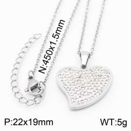 45cm Long Silver Color Stainless Steel Love Heart Rhinestone Pendant Link Chain Necklace For Women