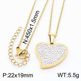 45cm Long Gold Color Stainless Steel Love Heart Rhinestone Pendant Link Chain Necklace For Women