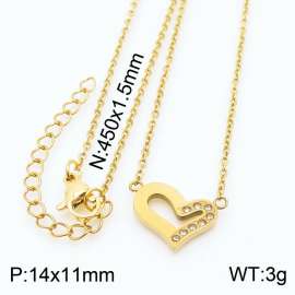 45cm Long Gold Color Stainless Steel Love Heart Rhinestone Pendant Link Chain Necklace For Women