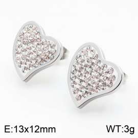 Silver Color Stainless Steel Rhinestone Love Heart Stud Earrings For Women