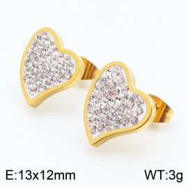 Gold Color Stainless Steel Rhinestone Love Heart Stud Earrings For Women