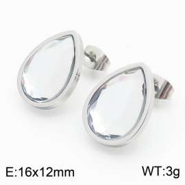 Silver Color Stainless Steel Water-drop Crystal Glass Stud Earrings For Women