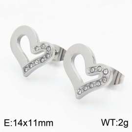 Silver Color Stainless Steel Love Heart Rhinestone Stud Earrings For Women
