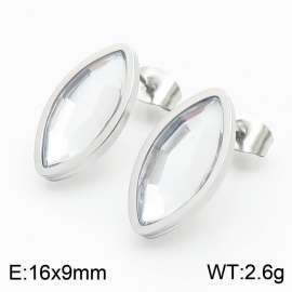 Silver Color Stainless Steel Oval Crystal Glass Stud Earrings For Women