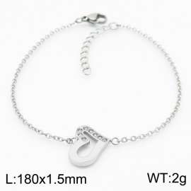 18cm Long Silver Color Stainless Steel Love Heart Rhinestone Link Chain Bracelets For Women