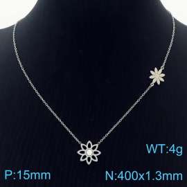 Stainless Steel Cute hollowed out flowers Pearl women's steel color necklace