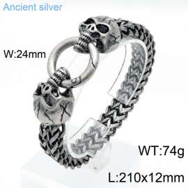 Elastic buckle domineering punk ancient silver skull double layer titanium steel men's bracelet