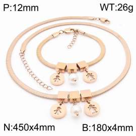 Rose Gold Color Round Men Boy And Girl  Pearl  Chunky Chain Stainless Steel Pendant Bracelet Necklace For Women Jewelry sets