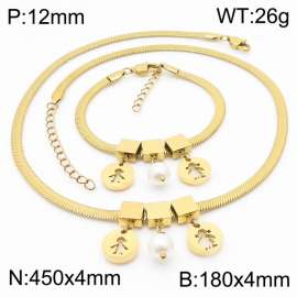 Gold Color Round Men Boy And Girl  Pearl  Chunky Chain Stainless Steel Pendant Bracelet Necklace For Women Jewelry sets