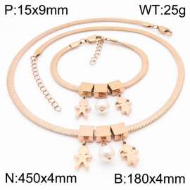 Rose Gold Color Boy And Girl  Pearl  Chunky Chain Stainless Steel Pendant Bracelet Necklace For Women Jewelry sets