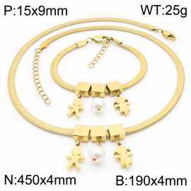 Gold Color Boy And Girl  Pearl  Chunky Chain Stainless Steel Pendant Bracelet Necklace For Women Jewelry sets