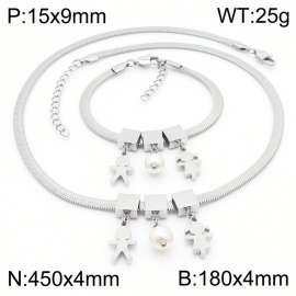 Silver Color Boy And Girl  Pearl  Chunky Chain Stainless Steel Pendant Bracelet Necklace For Women Jewelry sets