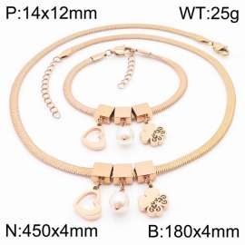 Rose Gold Color Heart Pearl Four Leaf Clover Chunky Chain Stainless Steel Pendant Bracelet Necklace For Women Jewelry sets