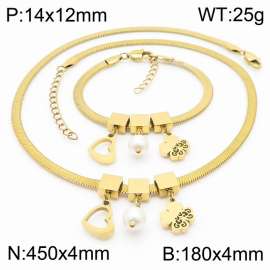 Gold Color Heart Pearl Four Leaf Clover Chunky Chain Stainless Steel Pendant Bracelet Necklace For Women Jewelry sets