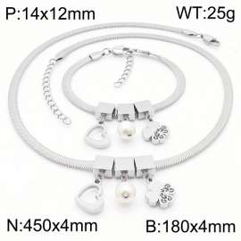 Silver Color Heart Pearl Four Leaf Clover Chunky Chain Stainless Steel Pendant Bracelet Necklace For Women Jewelry sets