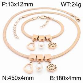 Rose Gold Color Heart Pearl Lotus Flower Chunky Chain Stainless Steel Pendant Bracelet Necklace For Women Jewelry sets