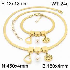 Gold Color Heart Pearl Lotus Flower Chunky Chain Stainless Steel Pendant Bracelet Necklace For Women Jewelry sets