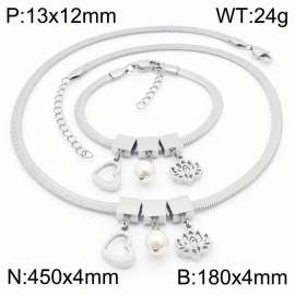 Silver Color Heart Pearl Lotus Flower Chunky Chain Stainless Steel Pendant Bracelet Necklace For Women Jewelry sets