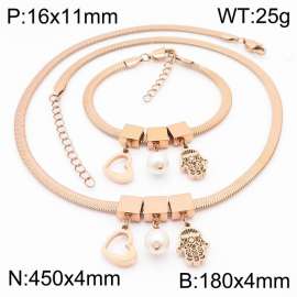 Rose Gold Color Heart Pearl Small Men Chunky Chain Stainless Steel Pendant Bracelet Necklace For Women Jewelry sets