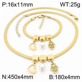 Gold Color Heart Pearl Small Men Chunky Chain Stainless Steel Pendant Bracelet Necklace For Women Jewelry sets