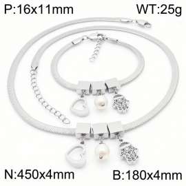 Silver Color Heart Pearl Small Men Chunky Chain Stainless Steel Pendant Bracelet Necklace For Women Jewelry sets