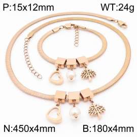 Rose Gold Color Heart Pearl Tree Chunky Chain Stainless Steel Pendant Bracelet Necklace For Women Jewelry sets