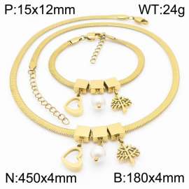 Gold Color Heart Pearl Tree Chunky Chain Stainless Steel Pendant Bracelet Necklace For Women Jewelry sets