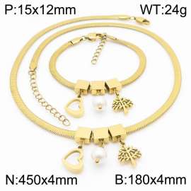 Gold Color Heart Pearl Tree Chunky Chain Stainless Steel Pendant Bracelet Necklace For Women Jewelry sets