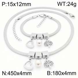 Silver Color Heart Pearl Tree Chunky Chain Stainless Steel Pendant Bracelet Necklace For Women Jewelry sets