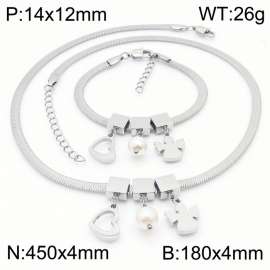 Silver Color Heart Pearl Angle Chunky Chain Stainless Steel Pendant Bracelet Necklace For Women Jewelry sets