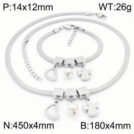 Silver Color Heart Pearl Angle Chunky Chain Stainless Steel Pendant Bracelet Necklace For Women Jewelry sets