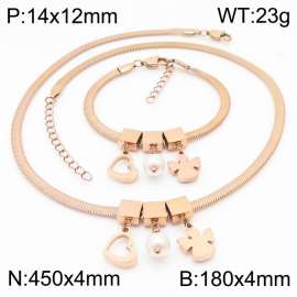 Rose Gold Color Heart Pearl Angle Chunky Chain Stainless Steel Pendant Bracelet Necklace For Women Jewelry sets