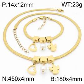 Gold Color Heart Pearl Angle Chunky Chain Stainless Steel Pendant Bracelet Necklace For Women Jewelry sets