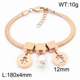 Rose Gold Color Round Person Boy and Girl Pearl Pendant Chunky Stainless Steel Chain Bracelets For Women