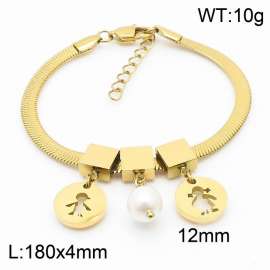 Gold Color Round Person Boy and Girl Pearl Pendant Chunky Chain Stainless Steel Bracelets For Women