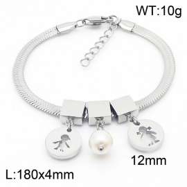Silver Color Round Person Boy and Girl Pearl Pendant Chunky Chain Stainless Steel Bracelets For Women