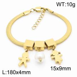Gold Color Boy and Girl Pearl Pendant Chunky Chain Stainless Steel Bracelets For Women
