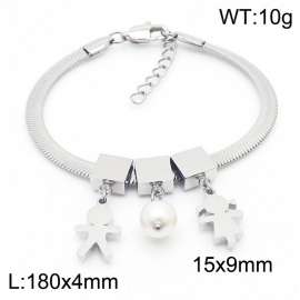 Silver Color Boy and Girl Pearl Pendant Chunky Chain Stainless Steel Bracelets For Women