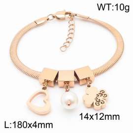 Rose Gold Color Heart Pearl Four Leaf Clover Pendant Chunky Chain Stainless Steel Bracelets For Women
