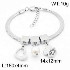 Silver Color Heart Pearl Four Leaf Clover Pendant Chunky Chain Stainless Steel Bracelets For Women