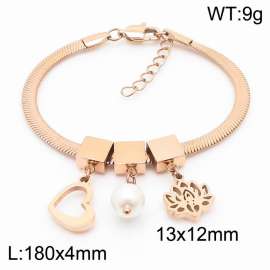 Rose Gold Color Heart Pearl Lotus Flower Pendant Chunky Chain Stainless Steel Bracelets For Women
